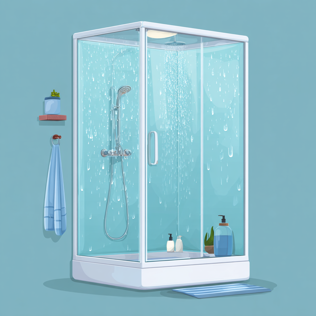 Shower cabin with glass door and water drops, shower clipart