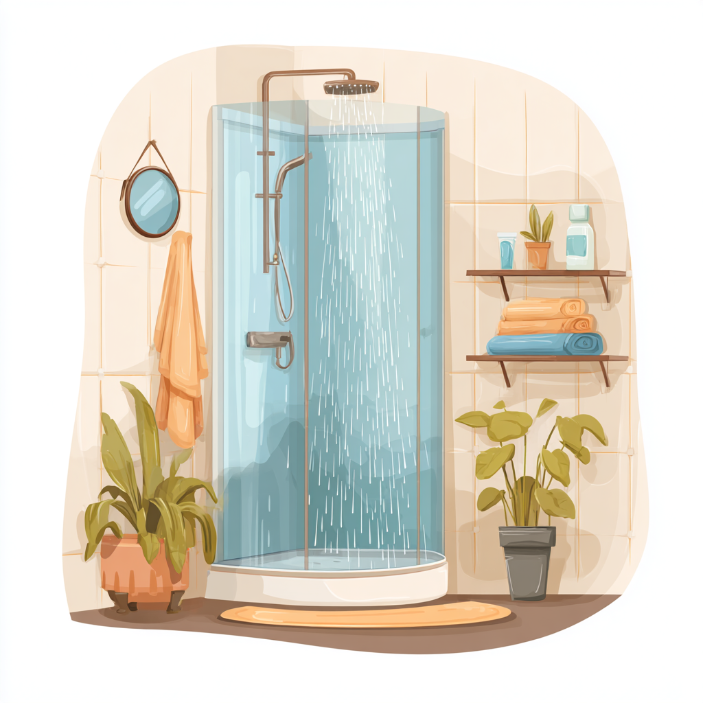 Shower cabin with glass door and water drops, shower clipart