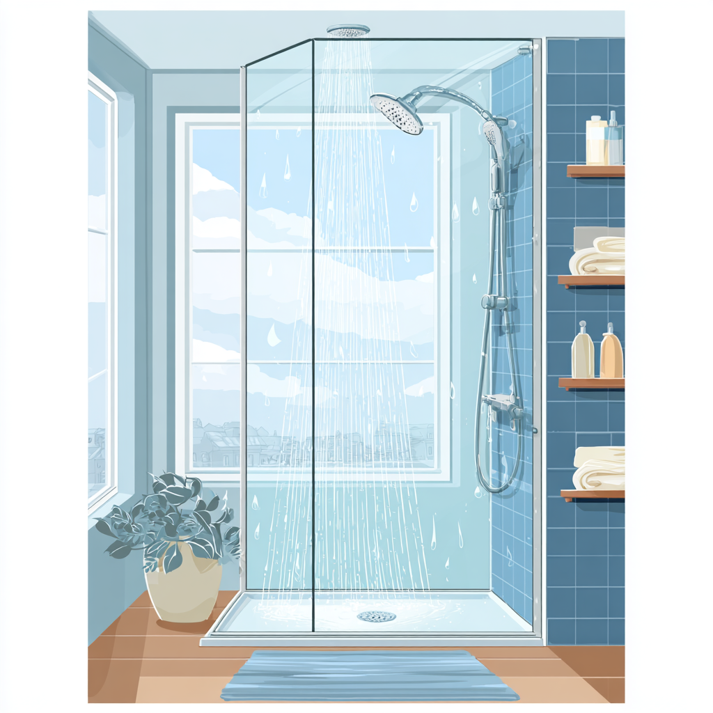 Shower cabin with glass door and water drops, shower clipart