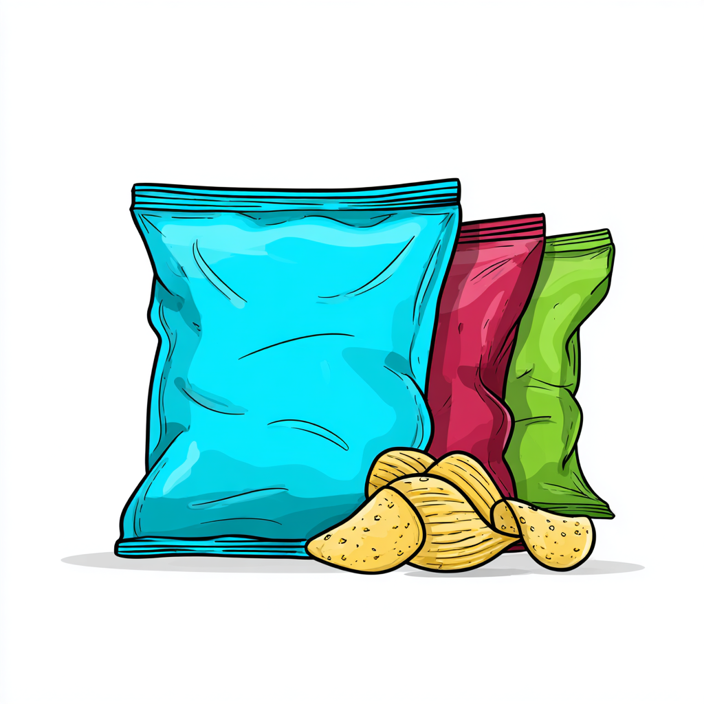 Colorful snack bag with chips clean cartoon vec, snack clipart