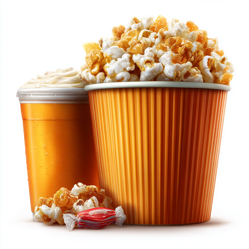 Popcorn bucket with soda cup and candy movie sn, snack clipart