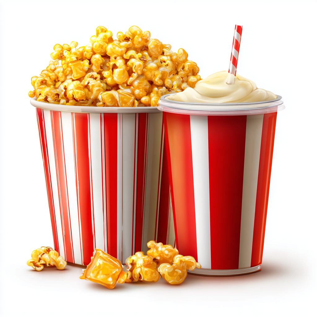 Popcorn bucket with soda cup and candy movie sn, snack clipart