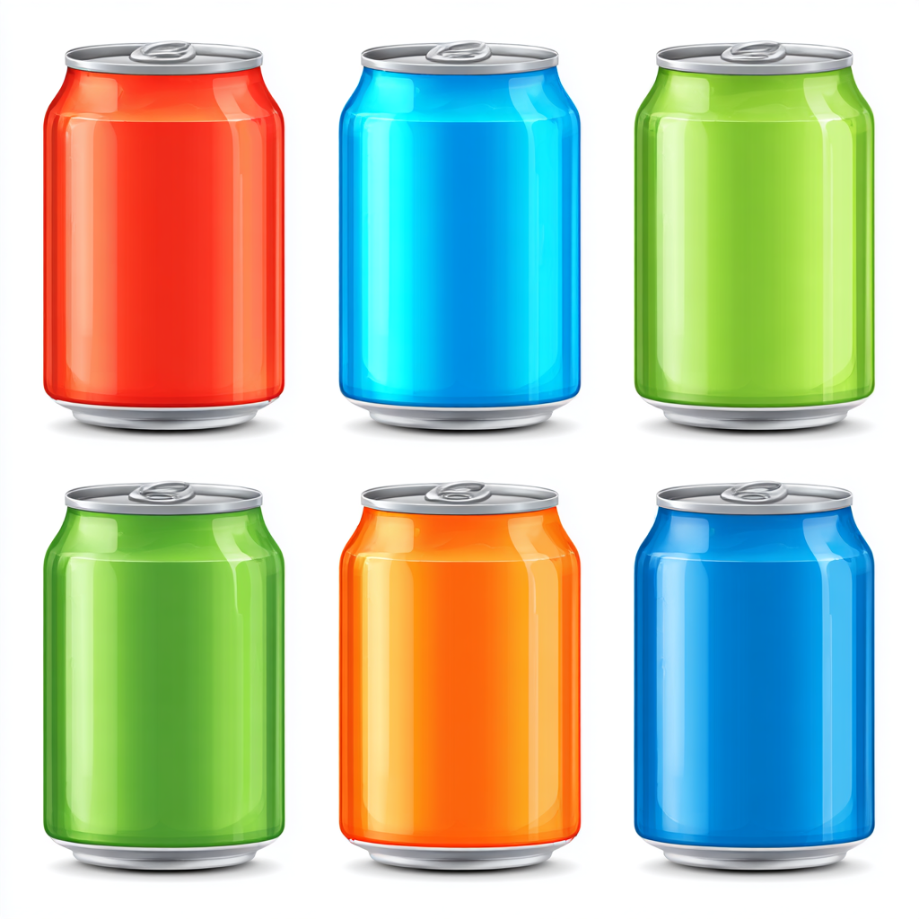 Colorful soda cans set in red blue green and ora, soda clipart