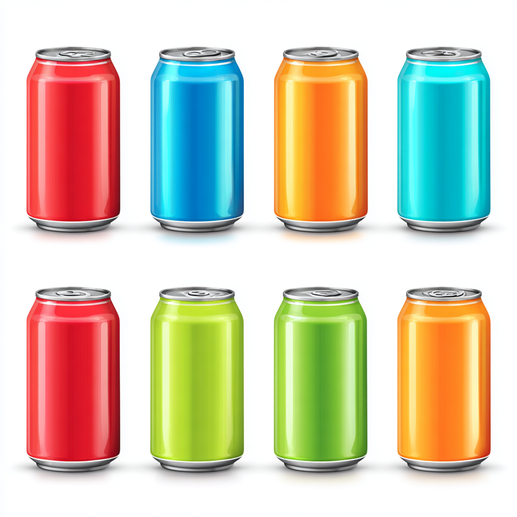 Colorful soda cans set in red blue green and ora, soda clipart