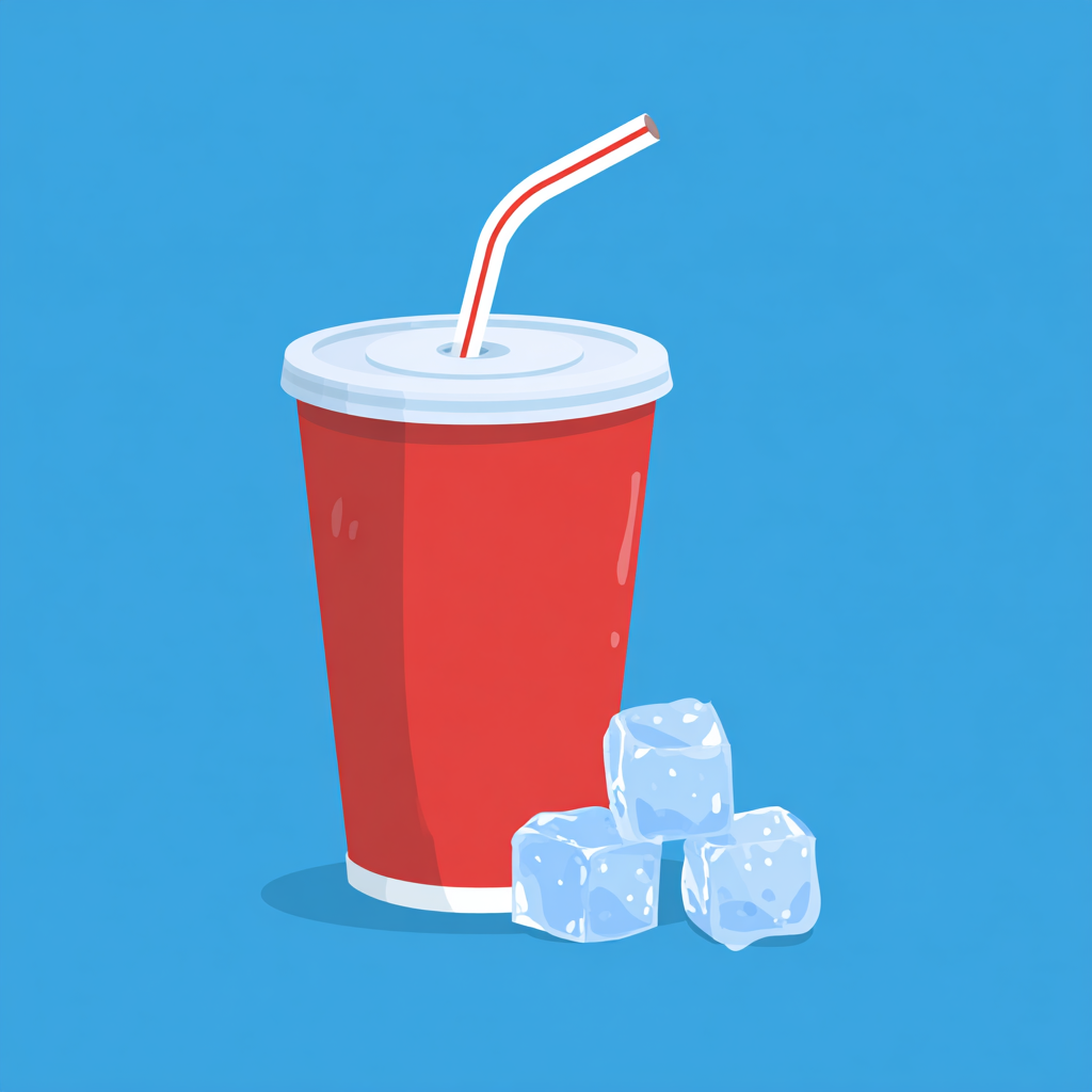 Fountain soda cup with lid straw and ice cubes, soda clipart