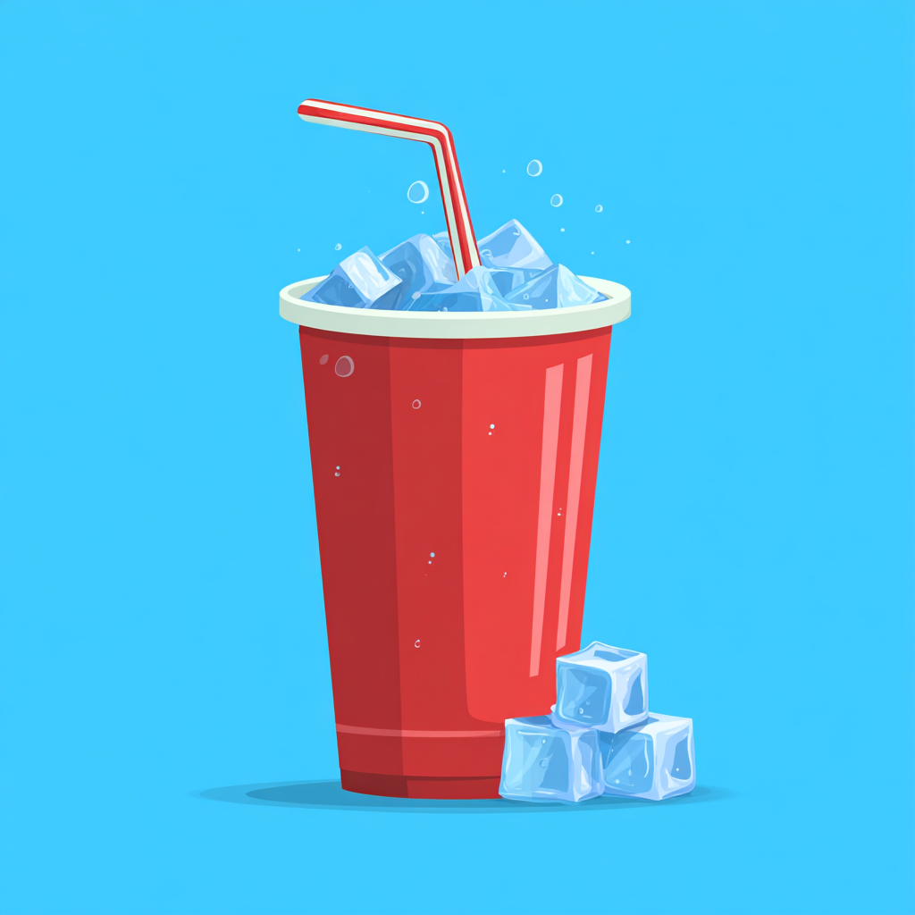 Fountain soda cup with lid straw and ice cubes, soda clipart