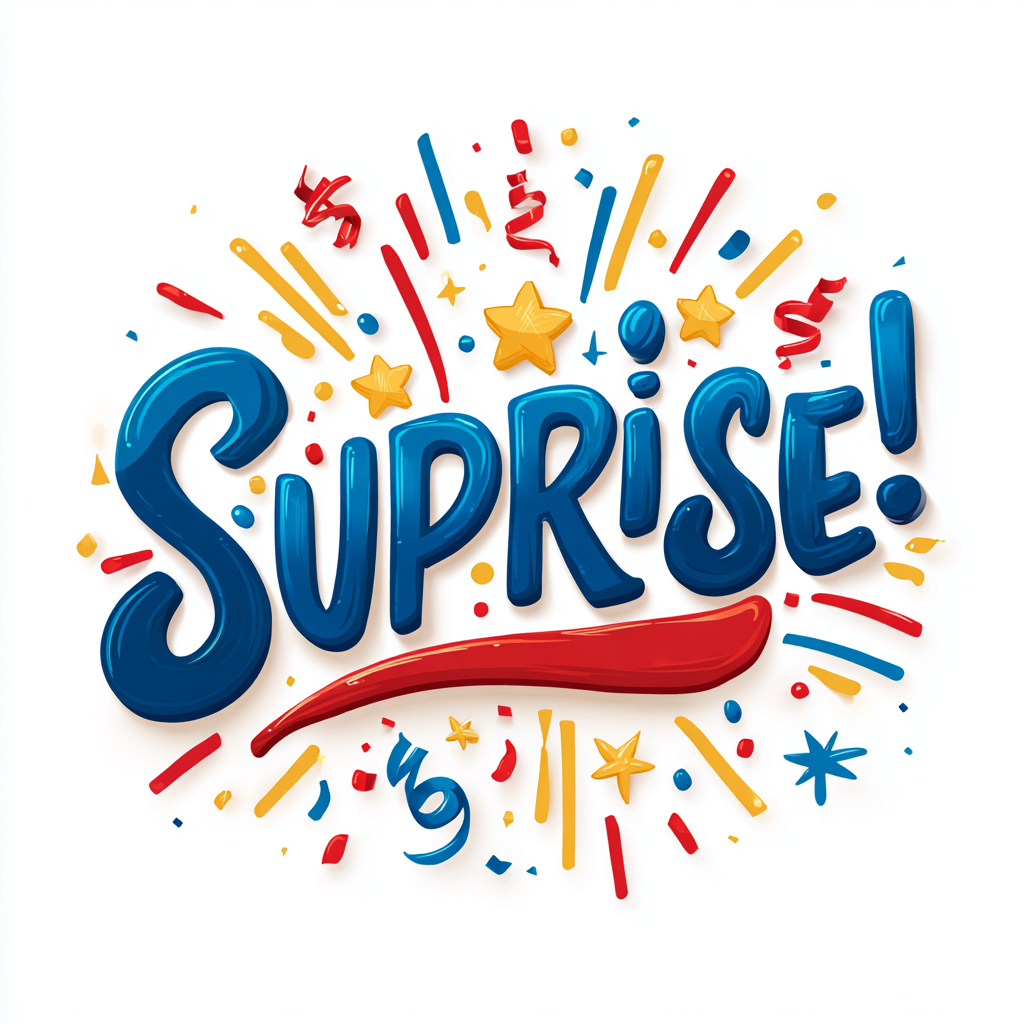Colorful surprise word with stars and confet, surprise clipart