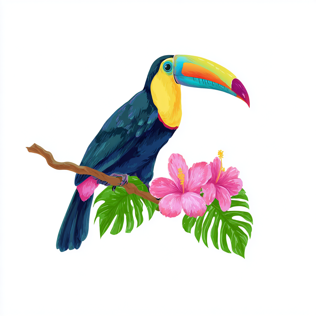 Colorful toucan with flowers and jungle leaves, toucan clipart