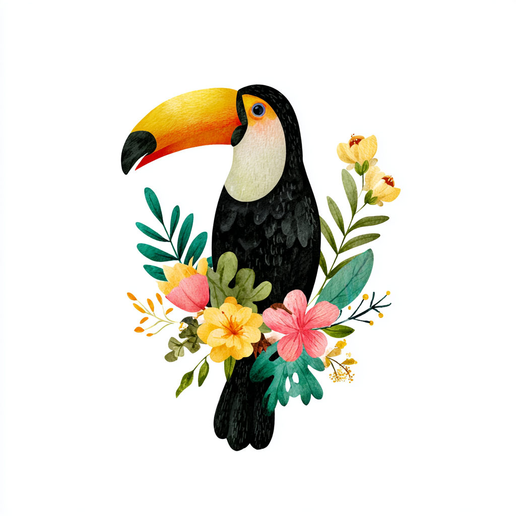 Colorful toucan with flowers and jungle leaves, toucan clipart