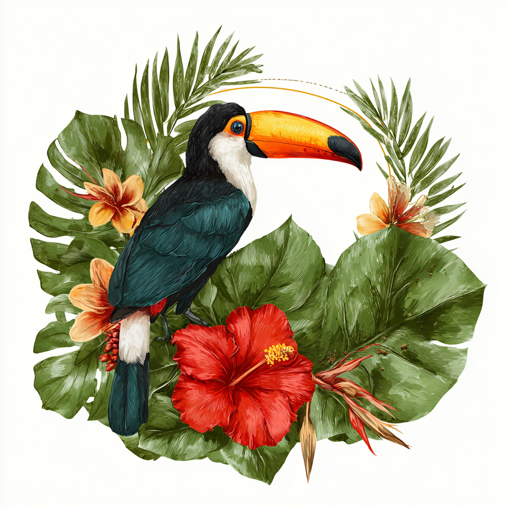 Colorful toucan with flowers and jungle leaves, toucan clipart