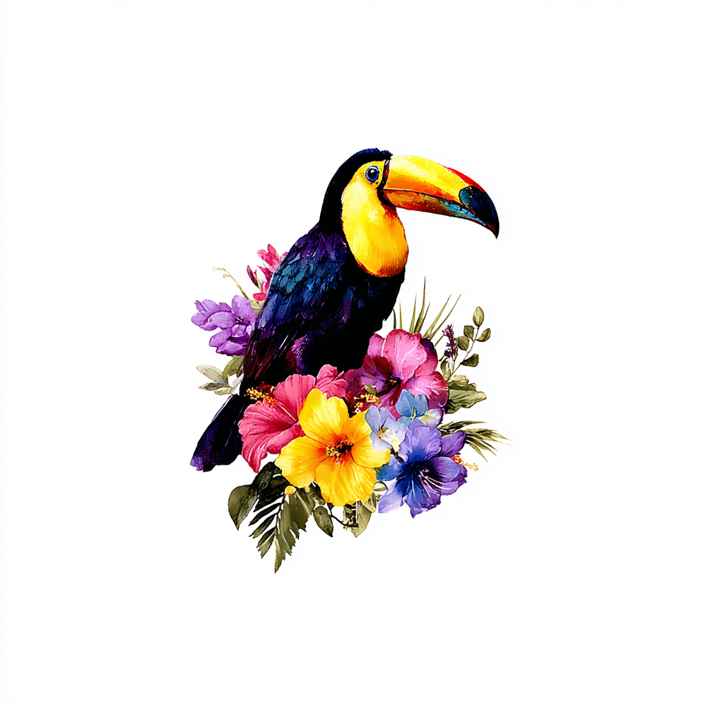 Colorful toucan with flowers and jungle leaves, toucan clipart