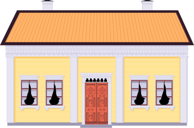 Cat at the Front Door of a Yellow House Clipart