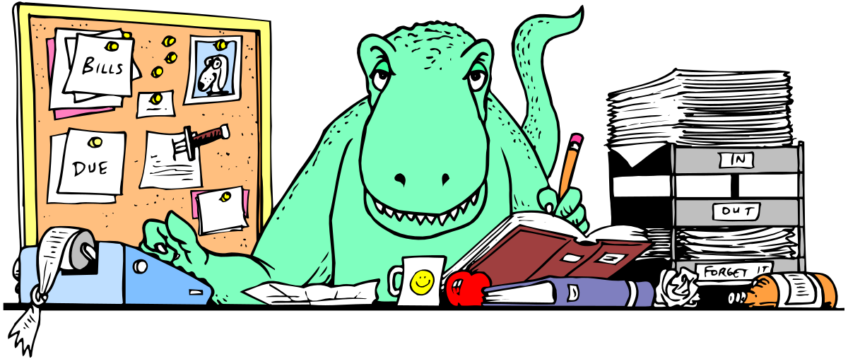 Cartoon Dinosaur Sitting at a Desk with a Book - Fun & Educational Clipart