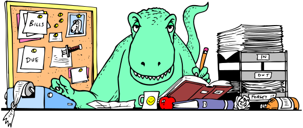 Cartoon Dinosaur Sitting at a Desk with a Book - Fun & Educational Clipart