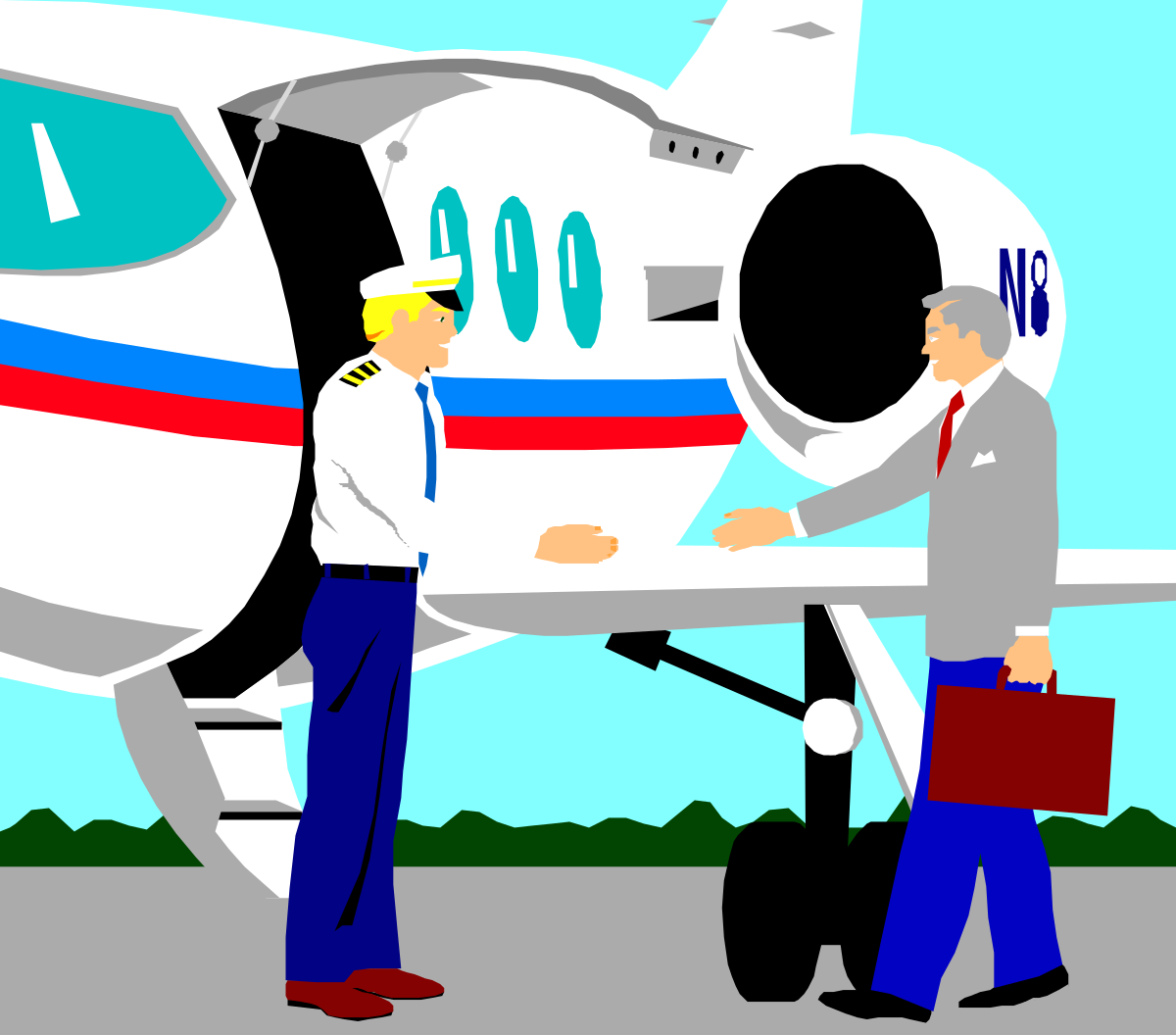 Man Assisting Another to Exit Plane - Clipart Illustration