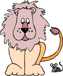Cartoon Lion Sitting Down with Mouse - Playful Clipart