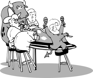 Cartoon Drawing of a Man and Dog Sitting at a Table
