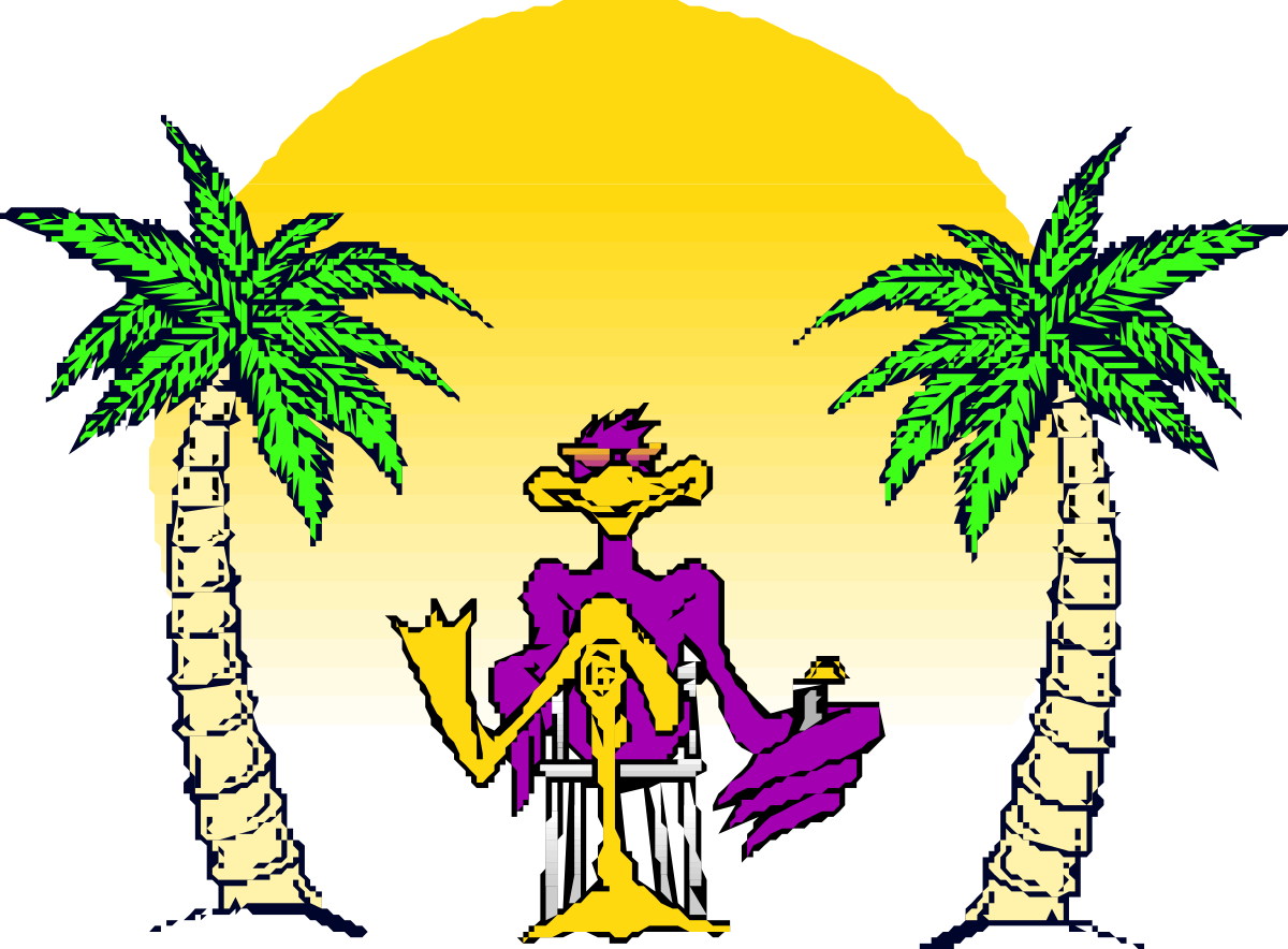 Cartoon Character Holding Drink by Palm Trees Clipart