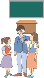 Man and Two Children Standing in Front of a Green Board Clipart