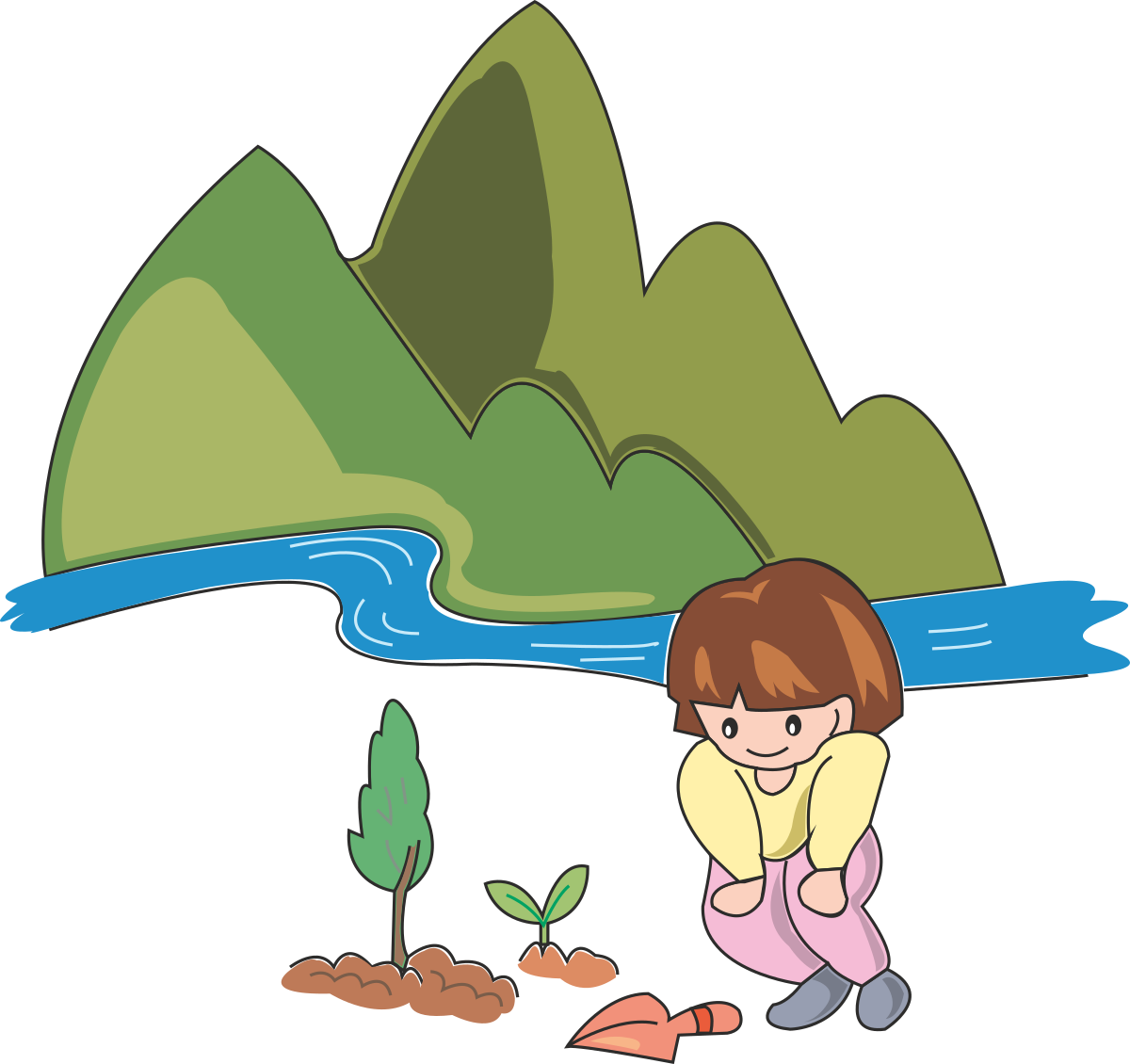 Girl Kneeling to Plant Tree - Inspirational Nature Clipart