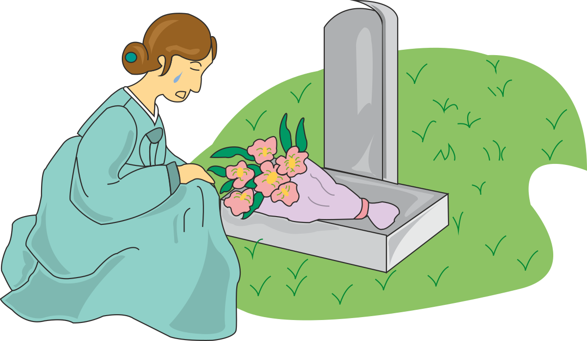 Grave Flower Tribute: Woman Kneeling at Resting Place Clipart