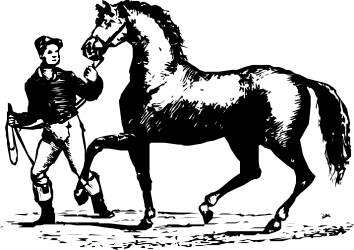Black and White Clipart of a Man Leading a Horse