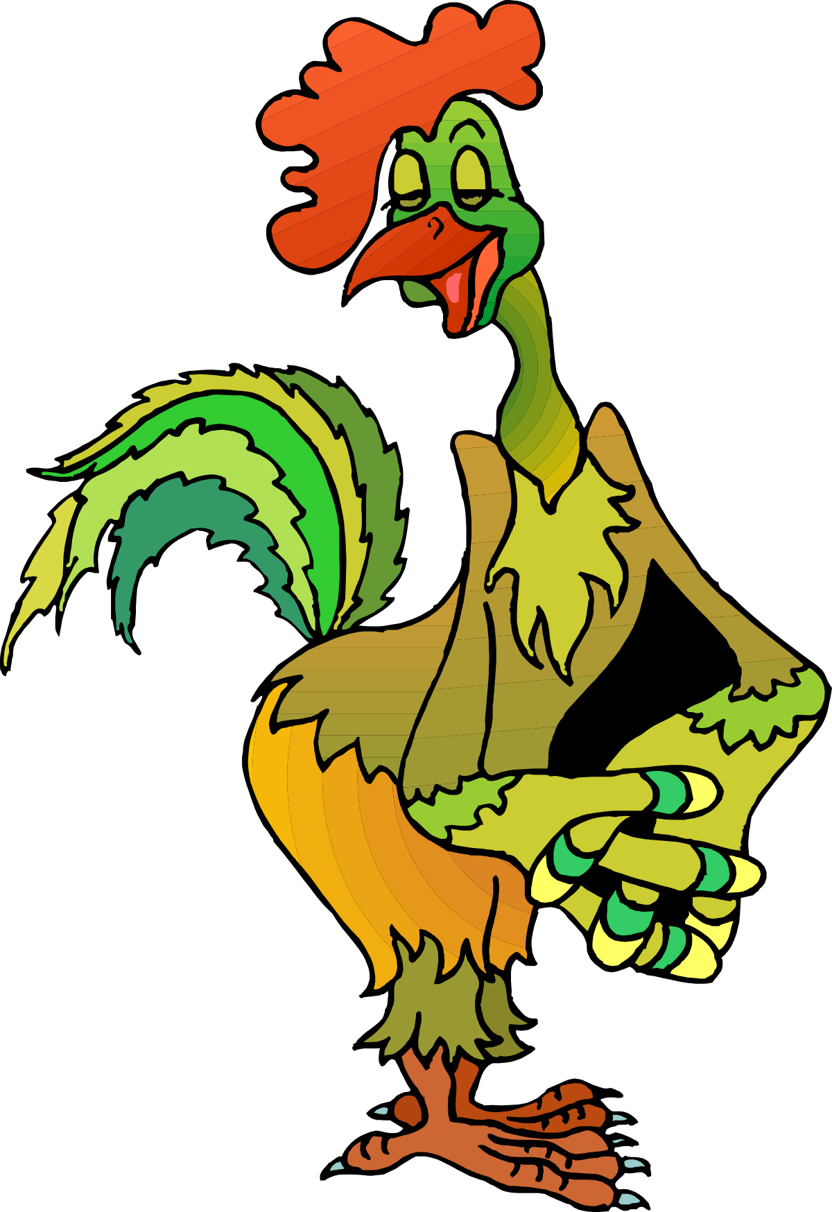 Cartoon Chicken with Red Head and Green Feathers Clipart - Fun and Quirky Design
