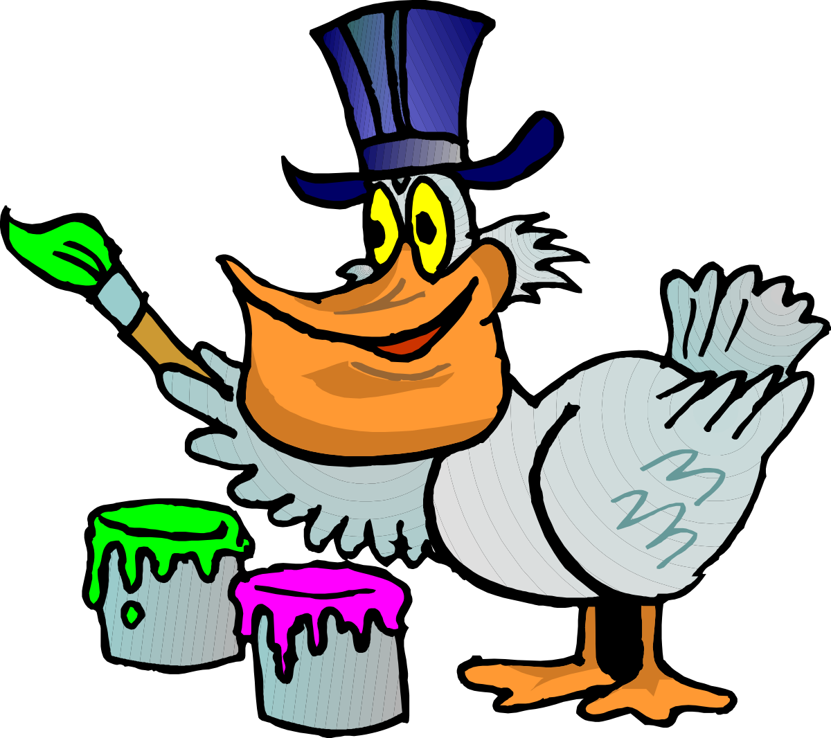 a cartoon duck wearing a top hat and holding paint cans clip art png transparent Cartoon Duck with Top Hat and Paint Cans - Fun Clipart Collection