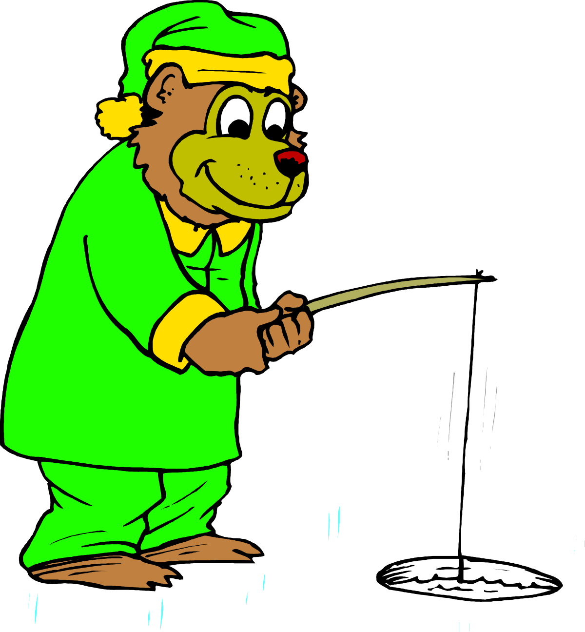 Fishing Bear Clipart: Cartoon Bear in Green Shirt and Hat
