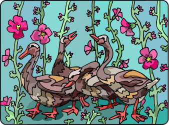 Ducks in a Flower Field - Whimsical Nature Clipart