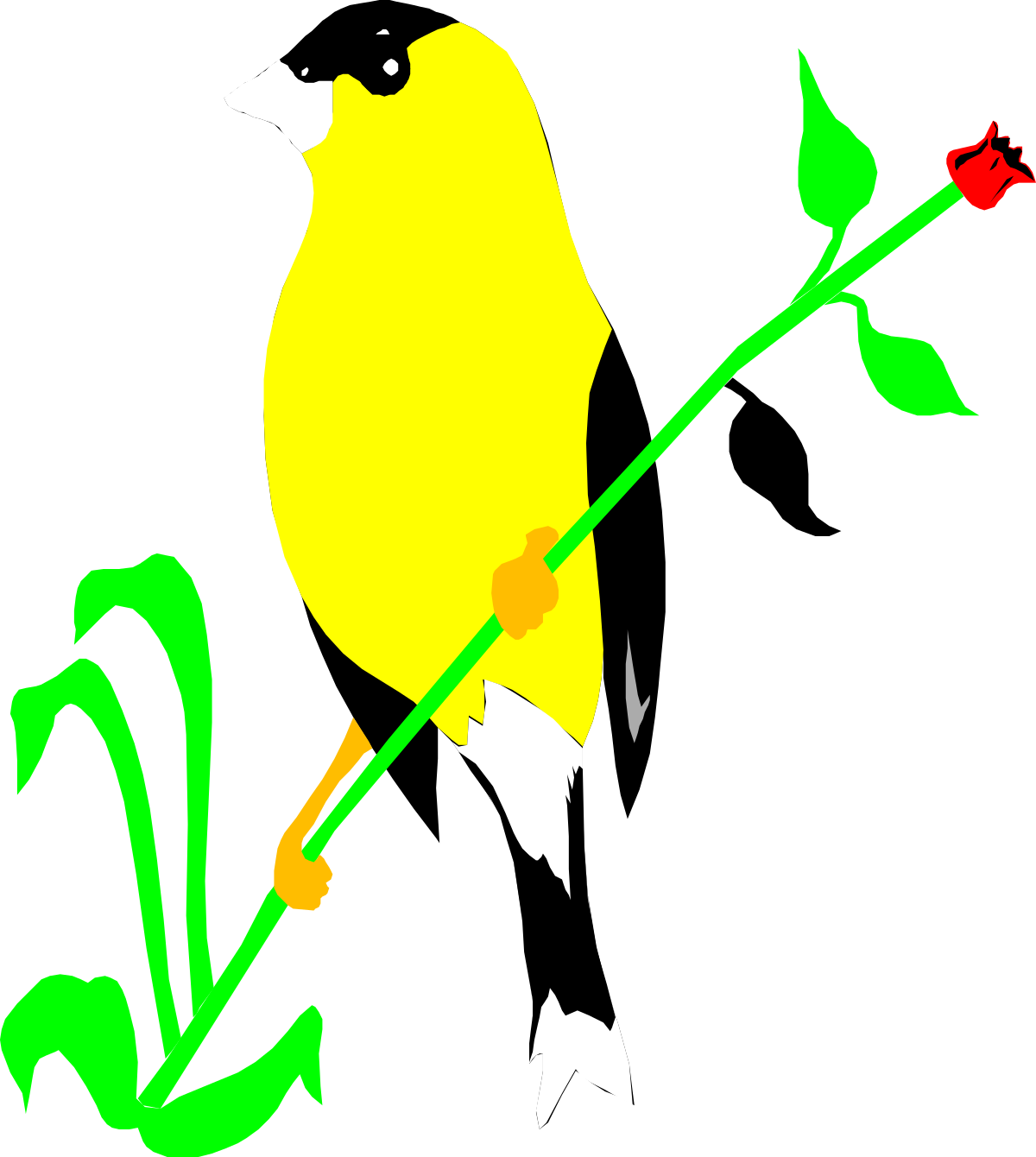 Yellow Bird with Green Stem and Red Flower Clipart