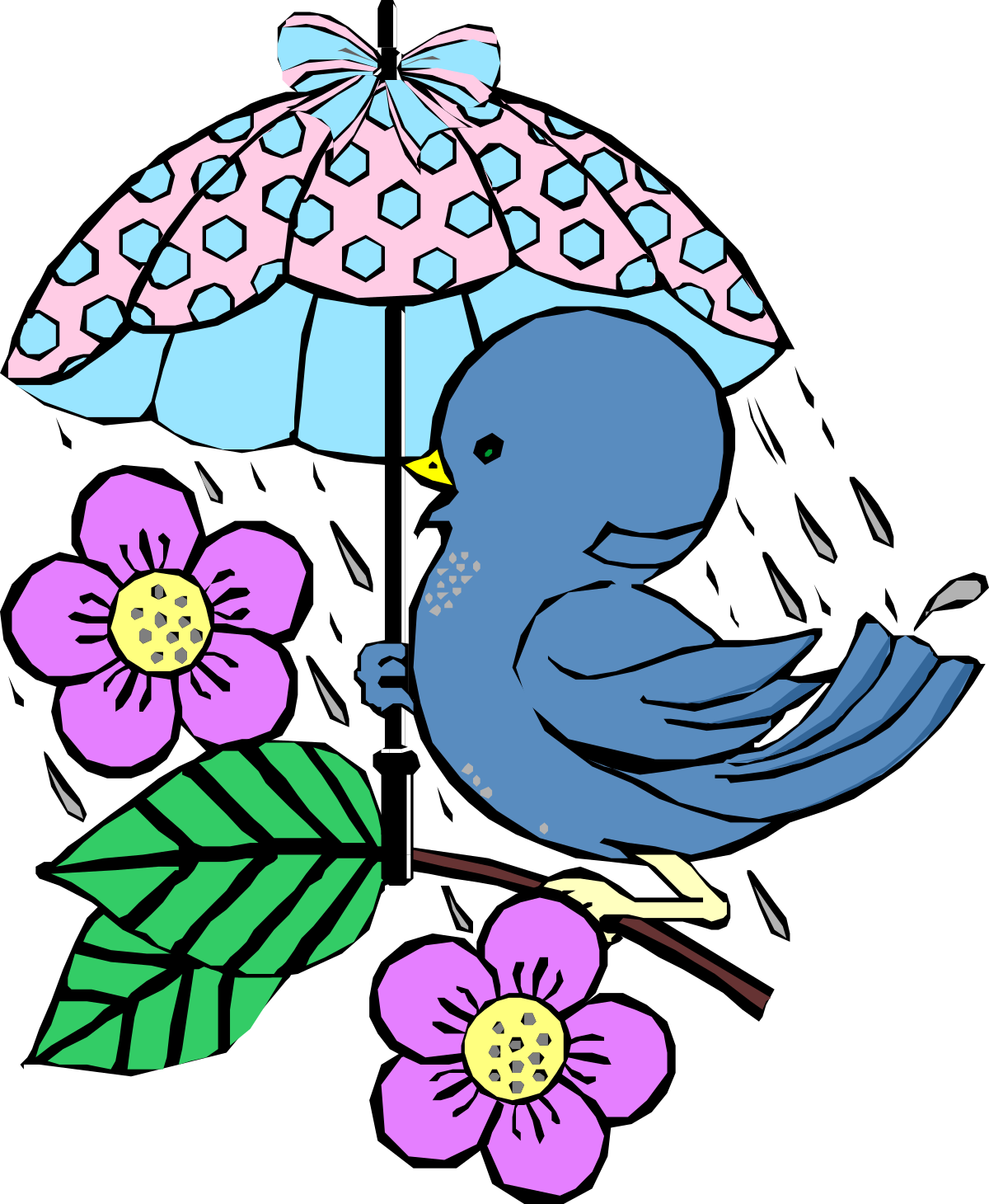Bird with Umbrella and Flowers - Charming Clipart Collection