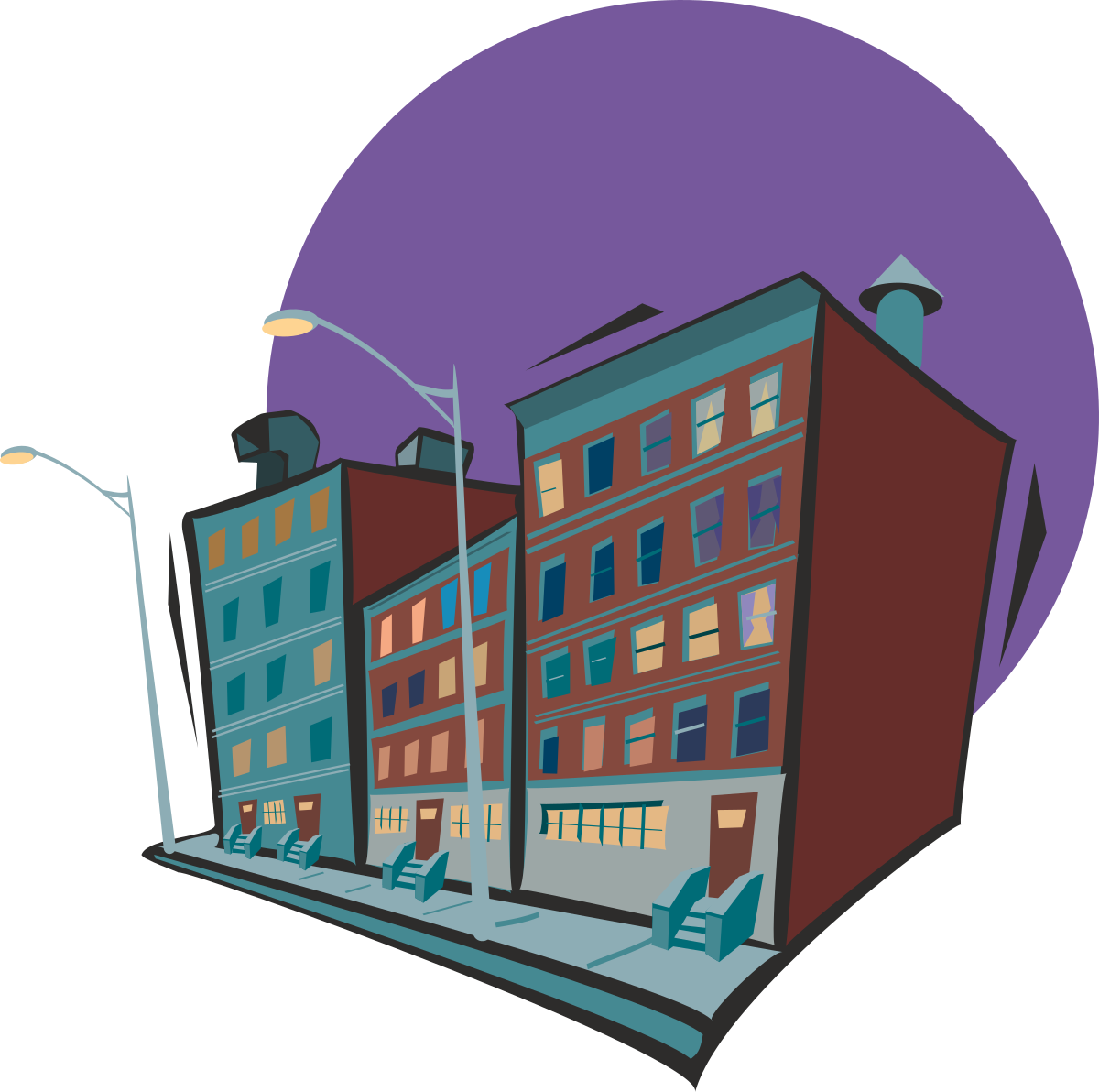 City Cartoon Clipart: Vibrant Buildings and Street Light Scene