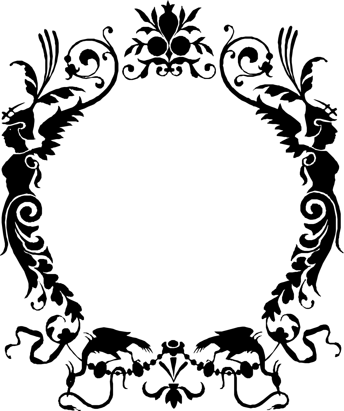 a black and white silhouette of a man with a beard clip art png transparent Black and White Beard Man Silhouette Clipart with Decorative Borders and Plants