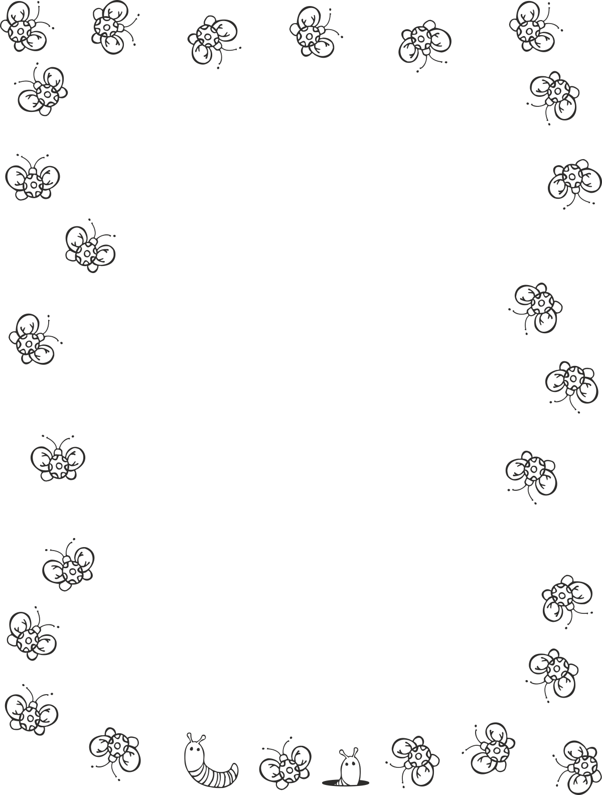 Black and White Floral Frame with Animals and Bugs Clipart