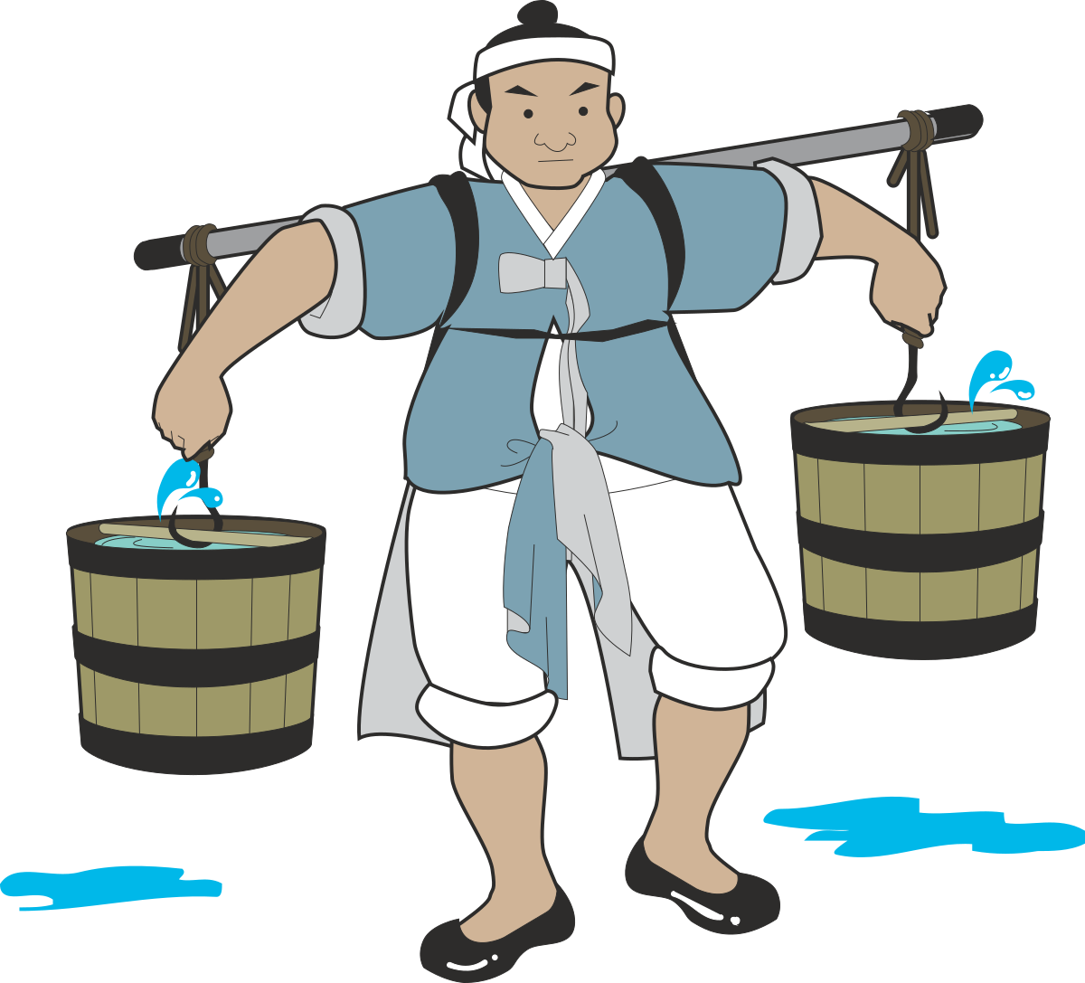 Man in Blue Shirt and White Shorts Holding Two Buckets Clipart