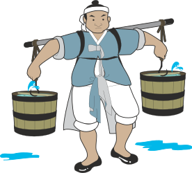 Man in Blue Shirt and White Shorts Holding Two Buckets Clipart