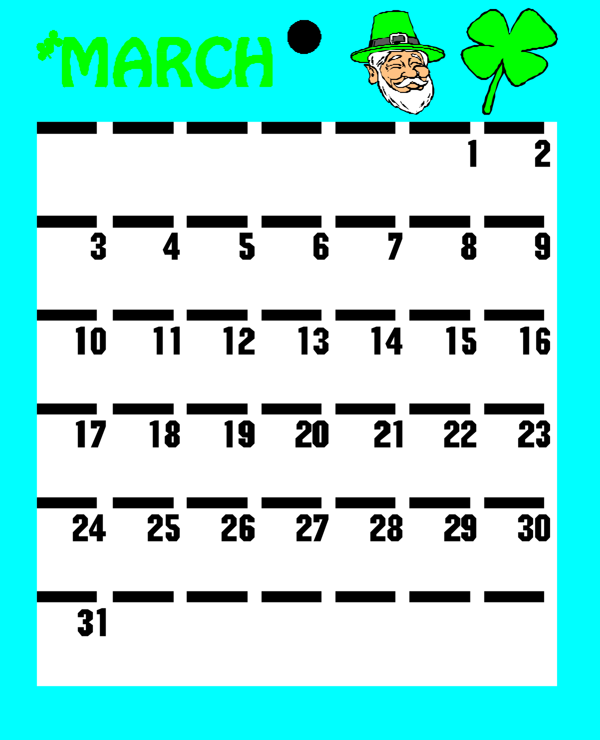 March Calendar with Green Hat and Shamrock - Festive Clipart Collection