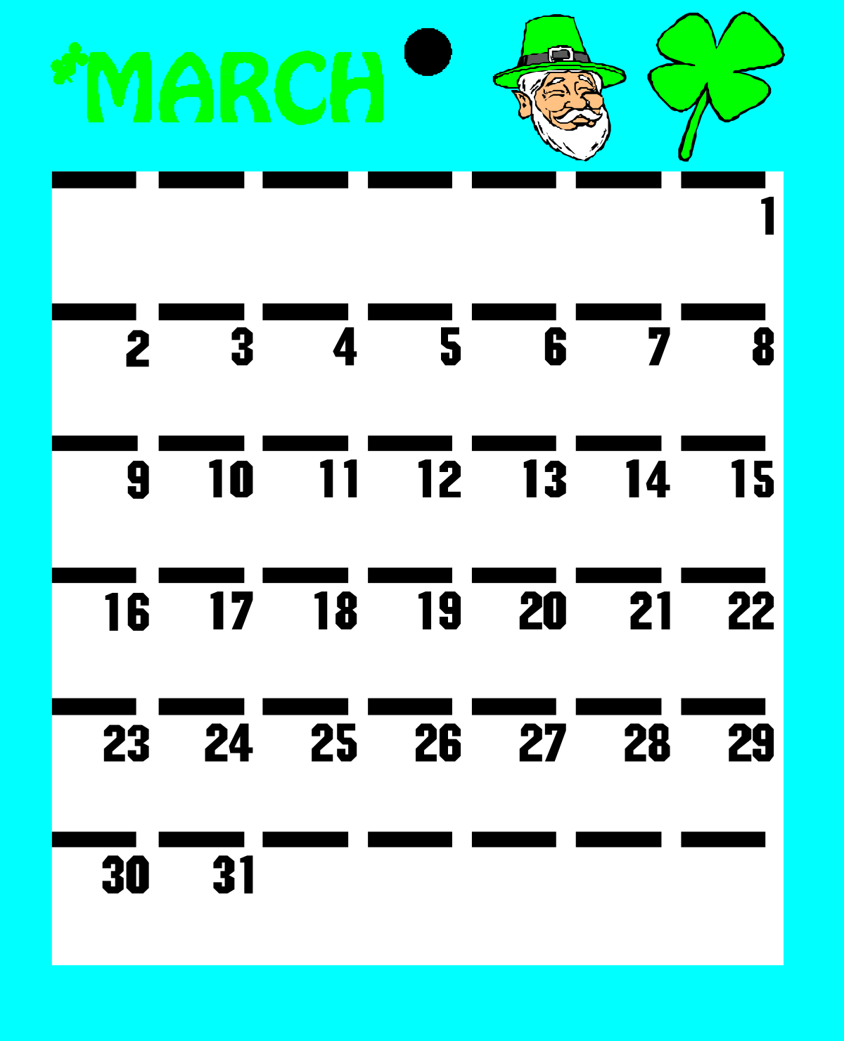 March Calendar with Green Hat and Shamrock Clipart