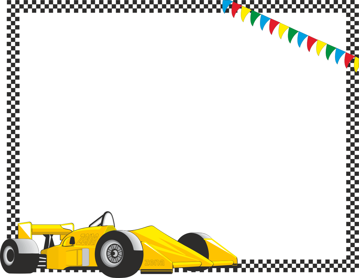 Car Race Borders: Vibrant Yellow Race Car with Flag on Black Background Clipart