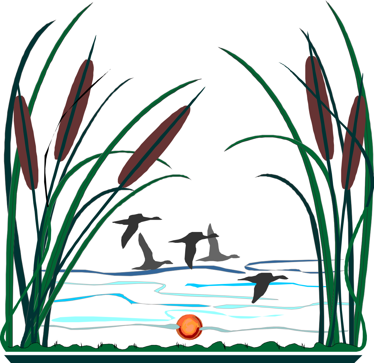 Birds Flying Over Lake with Reeds - Stunning Nature Clipart