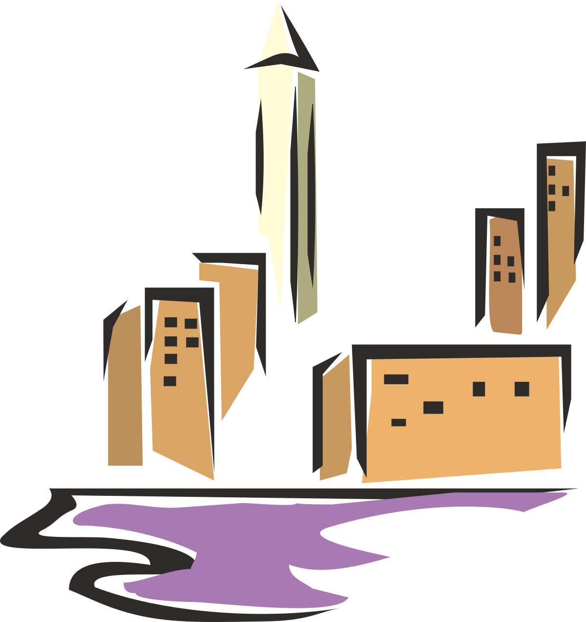Cityscape Clipart with Buildings and Puddle