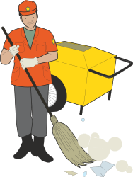 Man Sweeping Yellow Box - Vibrant Clipart in Orange Shirt and Hat