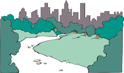 Cityscape Clipart with River and Lush Trees