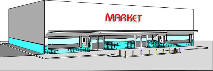 Market Scene Clipart: Vibrant Market with Signage for Creative Projects
