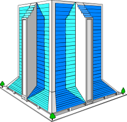 Blue and White Building with Green Up Arrow Clipart