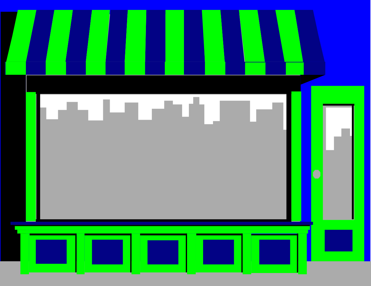 Green and Blue Awnings at a Charming Storefront Clipart