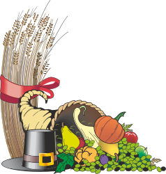 Borders and Holiday Clips: Thanksgiving Turkey with Pilgrim Hat and Cornucopia