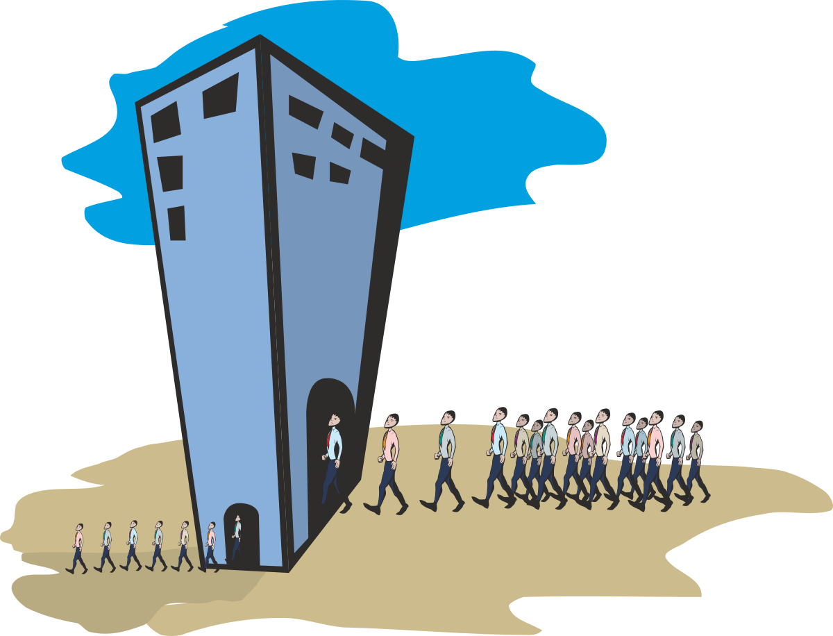 Group of People Walking Around a Tall Building Clipart