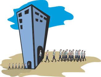 Group of People Walking Around a Tall Building Clipart